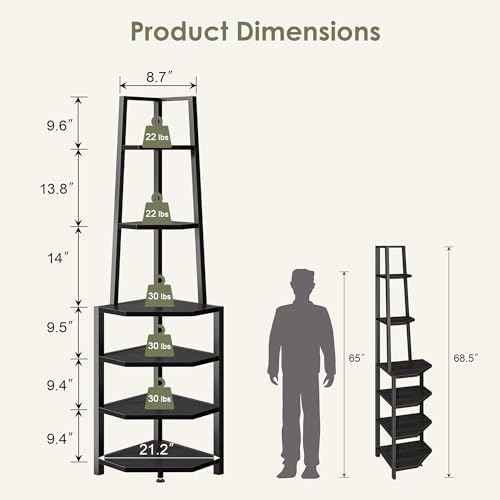 VECELO 6 Tier Corner Shelf 69 Inch Industrial Bookshelf with Metal Frame, Multipurpose Tall Plant Stand with Opening Display Shelves for Living Room, Bedroom, Home Office, Small Space, Black