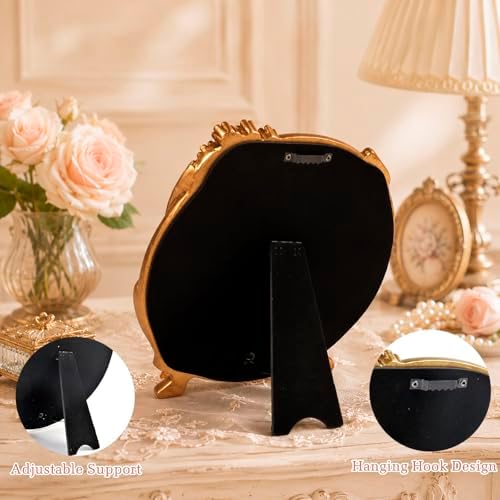 Vintage Gold Mirror Desk Decor -Antique Small Vanity Table Decorative, Oval | Art Nouveau with Stand, Cute Princess Frame, for Tabletop Office Bedroom Furniture Room Bathroom Home Wall Accessories