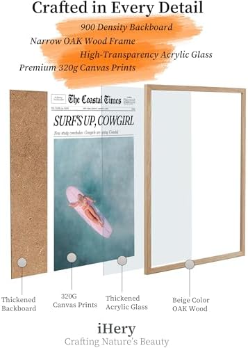 iHery 12x16in Surf’s Up Cowgirl Framed Newspaper Wall Art | Natural OAK Wood Frame with Canvas Print, Coastal Western Decor for Bedroom, Girl Dorm, Living Room and Bar Cart, 1Pack