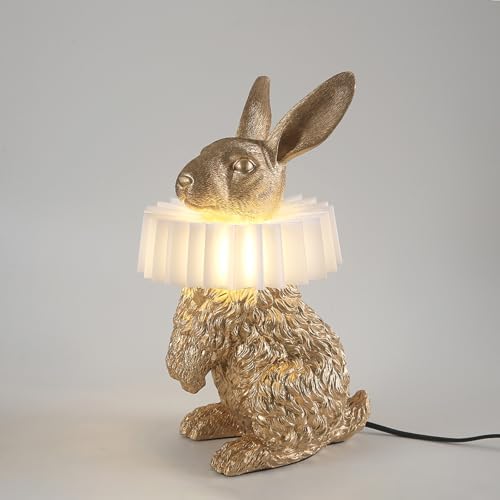 Gold Standing Bunny Lamp, Resin Scarf Rabbit Table Lamp with White Pleated PC Lampshade, USB Plug LED Nightstand Lamp, Cute Bedside Night Light for Bedroom Nursery Home Decor