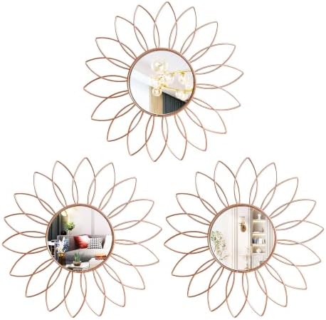 3 Pack Metal Mirrors for Wall Sunburst Wall Mirrors Home Décor Decorative Hanging Wall Art for Living Room Bedroom Entryway (Rose Gold2, Flowers)