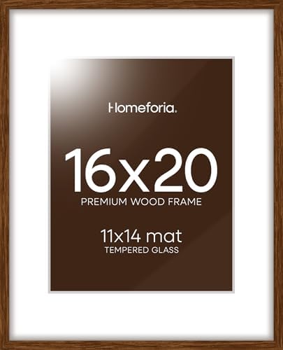 Homeforia 16x20 Brown Oak Picture Frame, High-End Wood, 11x14 Mat, Glass