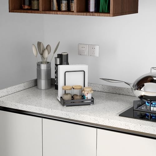 STWWO Marble Napkin Holder with Salt and Pepper Shakers Caddy, Black