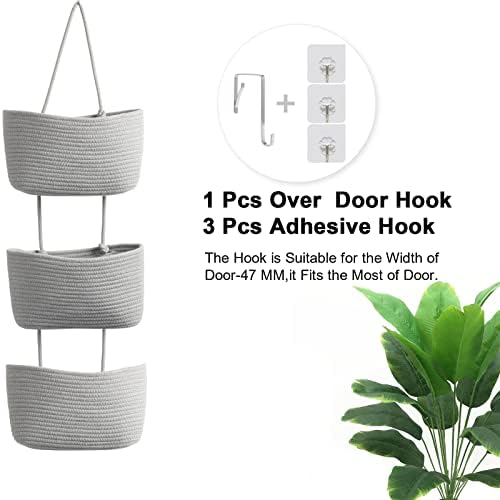 TeoKJ Over the Door Hanging Basket, 3-Tier Woven Cotton Wall-Mounted Storage Organizer Bag Decorative Hanging Nursery Baskets, Gray