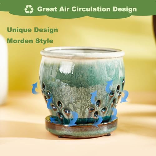 Orchid Pots with Holes Attached Saucers 5.7 Inches - 1 Pcs Small Ceramic Pots for Repotting, Decorative Ceramic Orchid Planter with Hole for Healthy Root Growth Bule