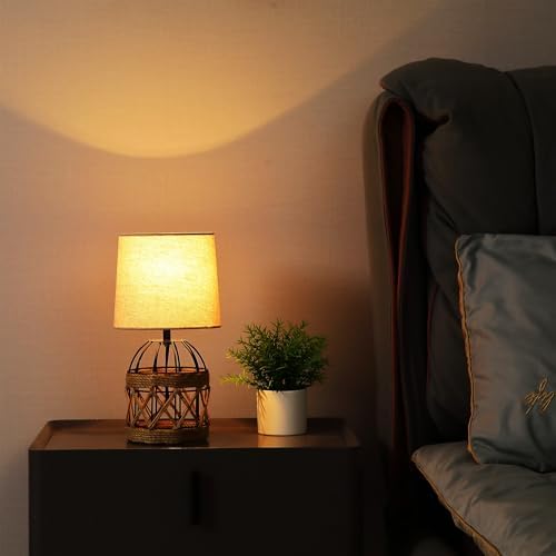 2 Pack Boho Rattan Table Lamps for Bedroom,Small Bedside Nightstand Lamp with Metal Cage Base Linen Shade,Farmhouse Coastal Rustic Living Room Bedroom Decor