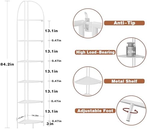 Crofy 6-Tier Foldable Corner Shelf, Metal White Frame & Shelves