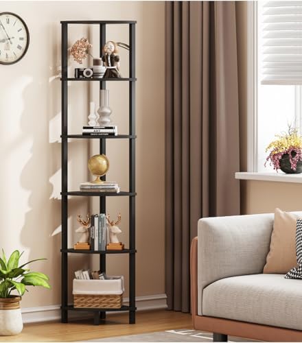 VIMBER Corner Shelf, 6-Tier Corner Bookshelf, Industrial Corner Ladder Shelf, DIY Storage Shelves, Modern Display Shelf for Living Room, Bedroom, Kitchen, Home Office, Black UJSJ004B