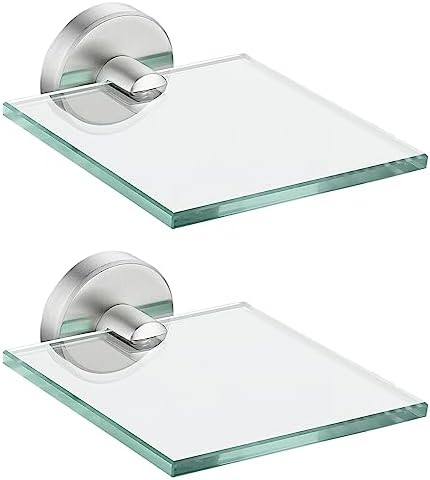 JQK Small Floating Glass Shelves Brushed, 4 Inch Display Ledges for Wall, Mini Decor, Living Room Bedroom Bathroom, Tempered Glass Shower Storage, 2 Pack, TGS101L4-BN-P2