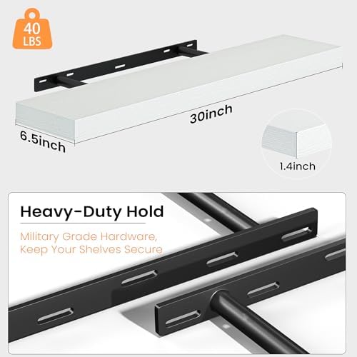 30 Inch Floating Shelves for Wall, Rustic Wood Wall Mounted Deep Storage Shelves with Invisible Brackets, Large Decorative Display Ledge for Living Room Bathroom and Kitchen, Set of 2, White