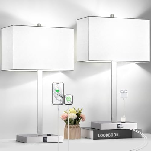 21" Set of 2 Touch Control Table Lamps with 2 USB & AC Outlets, 3-Way Dimmable Modern Nightstand Lamps for Bedroom Living Room Office Reading, White Shade Bedside Lamps, 5000K LED Bulbs Included.