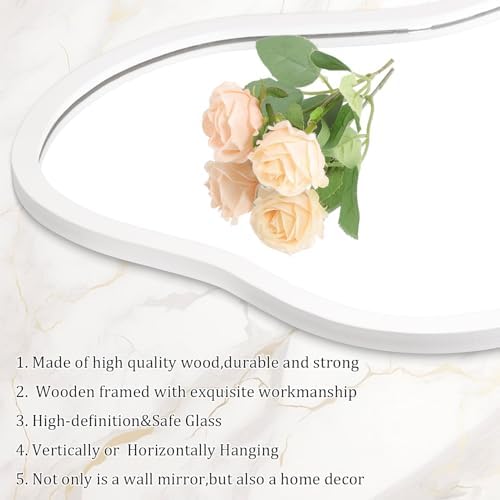 AAZZKANG Irregular Wall Mirror Wooden Large 26"x16" Decorative Hanging Mirrors Asymmetrical for Bedroom Dressing Room Living Room Bathroom Entryway White
