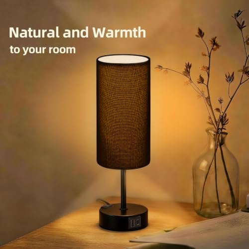 Bedside Table Lamp, Dimmable Touch, AC Outlet, USB A+C (Black)