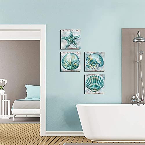 Teal Conch Canvas Wall Art Bathroom Decor Rustic Beach Watercolor Aqua Starfish Prints Pictures Vintage Shell Laundry Painting Poster 4 Pcs Set Modern Beach Theme Bedroom Framed Artwork 24 x 24 Inches