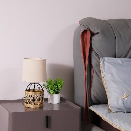 2 Pack Boho Rattan Table Lamps for Bedroom,Small Bedside Nightstand Lamp with Metal Cage Base Linen Shade,Farmhouse Coastal Rustic Living Room Bedroom Decor