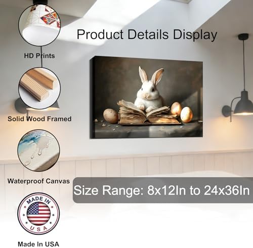 Rustic Easter Bunny,Book,Eggs Wall Art, Easter Framed Rabbit Canvas Prints for Living Room, Cozy Spring Bunny Picture for Home Wall Decor, Easter Decorations for Office Bathroom