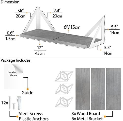Wallniture Minori Gray Floating Shelves for Wall, Bathroom Shelves Over the Toilet Storage, Wood Wall Shelf for Bedroom, Living Room, Kitchen, Set of 3