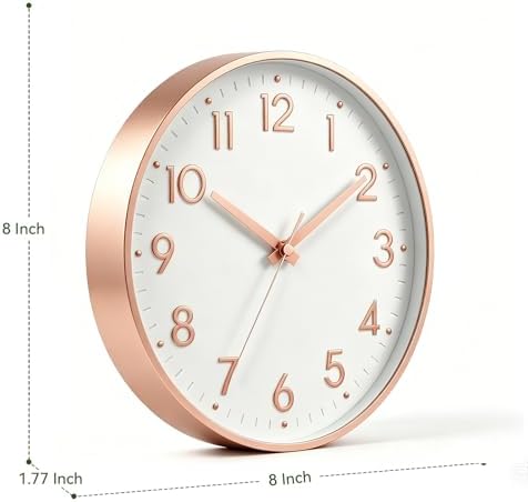 Mosewa Small 8 Inch Wall Clock Battery Operated Silent Non Ticking Analog | Rose Gold modern clock; oversized 3D easy-read dial for kitchen, bedroom & office; 1 AA battery (not included)