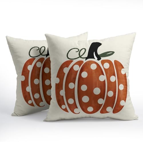 Fall Pumpkin Throw Pillow Cover 16X16 Inch Set of 2 Autumn Orange Pumpkin Outdoor Pillow Cases Polka Dot Beige Thanksgiving Farmhouse Square Cushion Covers for Sofa Couch Porch Patio Home Decor