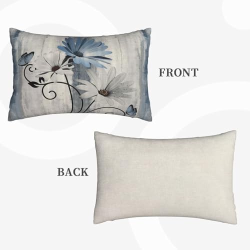 Baby Blue Floral Pillow Covers 12 x 20 Inch Set of 2 Daisy Floral Butterfly Decorative Throw Pillow Covers Linen Rustic Farmhouse Cushion Cases for Home Sofa Couch Living Room Decor