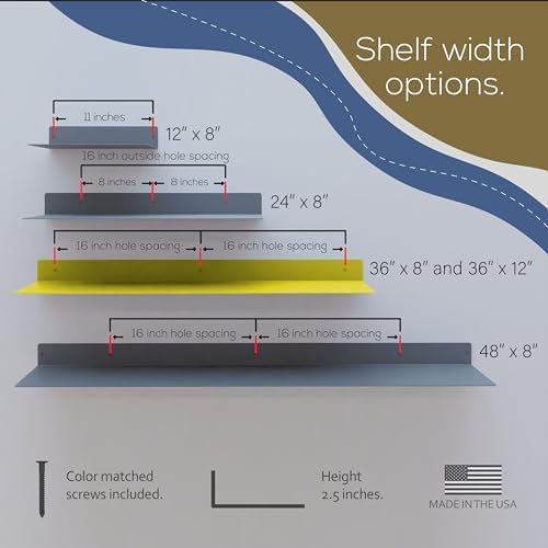 36x8 in Metal Floating Shelf Yellow Wall Mounted - Made in The USA - Bedroom, Living Room, Bathroom, Kitchen