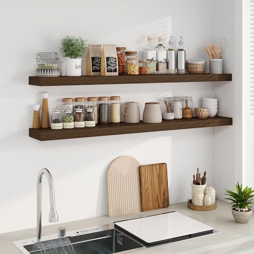 Fun Memories 55 Inch Fireplace Mantel - Long Floating Shelf, Wall Mounted Farmhouse Display with Invisible Heavy Duty Metal Bracket, 2 Pack, Walnut