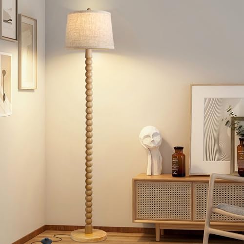 Real Wood Floor Lamp for Living Room,Wooden Standing Lamp with 3 Color Changing Bulb Included, Tall Lamp with Linen Shade,Farmhouse Floor Lamp for Living Room,Bedroom,Corner,Dining Room and Office