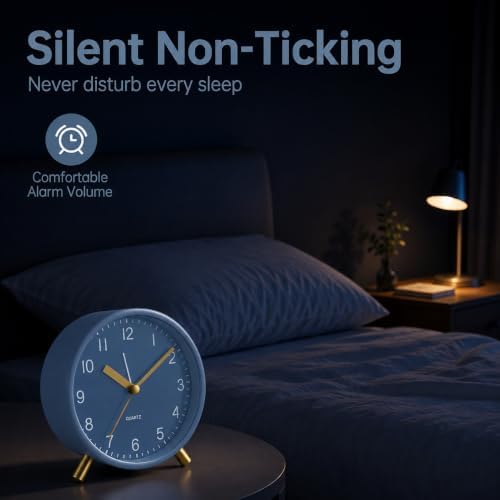 JALL Analog Alarm Clock, 4 inch Super Silent Non Ticking Small Clock with Night Light, Battery Operated, Simple Design, Easy Setting for Office, Bedroom, Bedside, Desk, Teens, Elders, Adult, SkyBlue