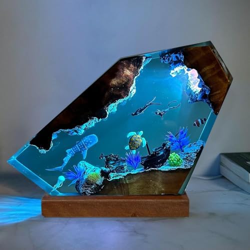 Handmade Whale Shark Resin Ocean Lamp with Wood Base