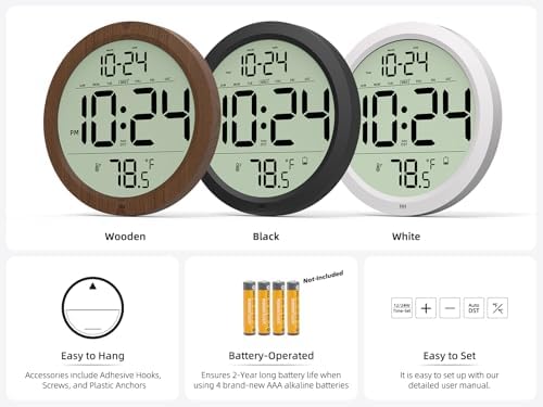 Digital Wall Clock Battery-Operated, 8 Inch Small Decorative Modern Wall Clock with Date, Temperature, Auto-DST, Silent Electric Wall Clock for Bedroom, Living Room, Kitchen, Office, Farmhouse - White