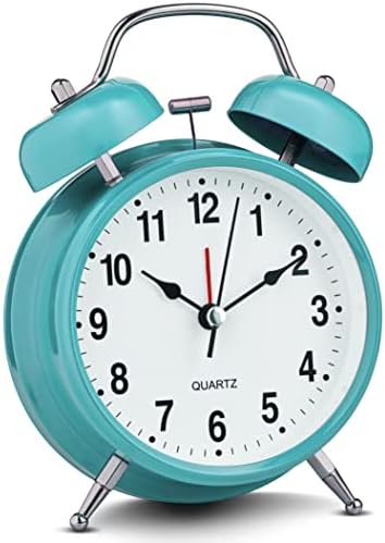 Bernhard Products Analog Alarm Clock 4" Twin Bell Robin Egg Blue Silent Non-Ticking Quartz Battery Operated Extra Loud with Backlight for Bedside Desk, Retro