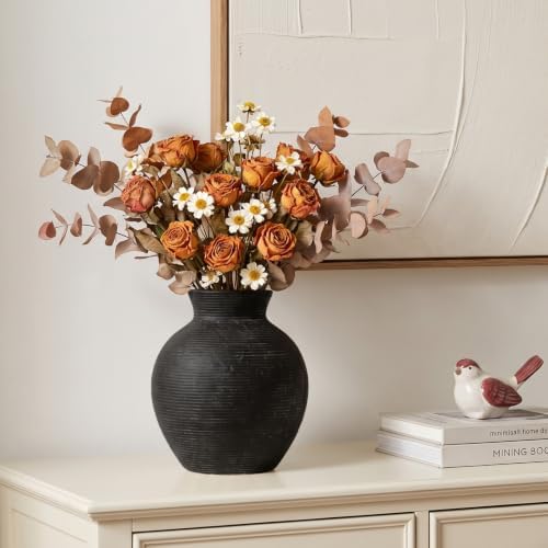 7.48 Inch Vintage Ceramic Flower Vase, Rustic Farmhouse Vase for Home Decor, Distressed Decorative Terracotta Vase for Table Centerpiece Living Room Bathroom Bedroom (Black-7.48'')