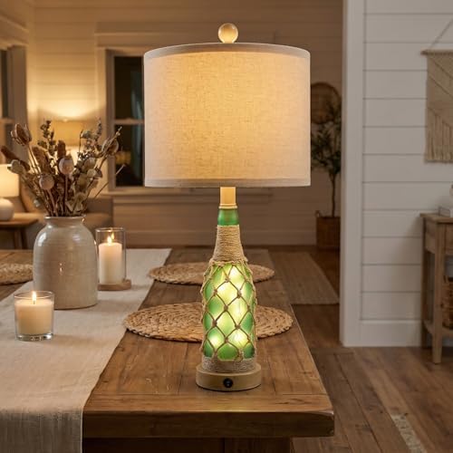 OYEARS 23'' Boho Table Lamps with Night Light for Living Room, Bedside Lamps Set of 2 with A+C Charging Ports for Bedroom, Farmhouse USB Lamps for Nightstand Console, Glass Bottle Rope Base, Green