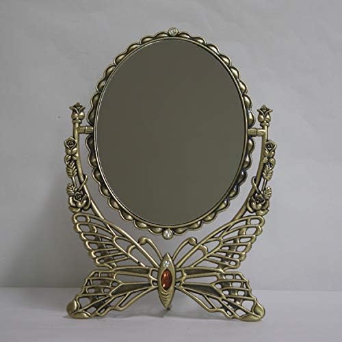 SEHAMANO Vintage Antique Butterfly Patterned Metal Frame Makeup Table Mirror, Decorative Oval Shaped Stand, Vanity Cosmetic Double Sided Rotatable Ellipse Mirror (Brass (Matt Gold), Large)