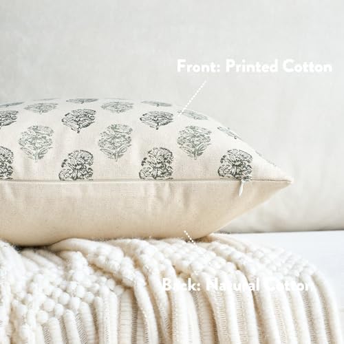 FIOUOVO Floral Vintage Throw Pillow Covers 20x20 Pillow Cover Block Print Decorative Cushion Covers Farmhouse Neutral Accent Home Décor for Sofa Couch Living Room Bedroom, 1PC, Olive Green