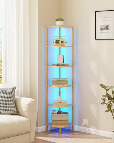 TUTOTAK Corner Shelf with LED Light, 6-Tier Corner Bookshelf