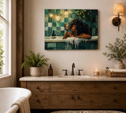 CXKAWM Vintage Bathroom Canvas Wall Art, Black Woman Bathtub Decor, 12x16in | Moody Bathtub Wall Art adds Vintage Charm To Bathrooms, Vanity Corners, Guest Baths, Powder Rooms and Apartments