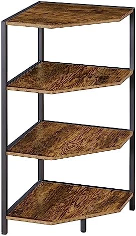 VECELO 31 Inch Corner Shelf, 4-Tier Display Shelves, Wood Storage Stand with Metal Frame, Multipurpose Shelving Unit for Small Space, Home Office,Antique Brown