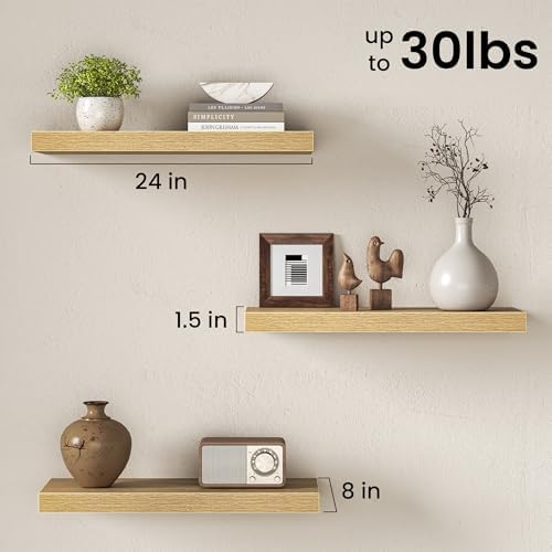 22.5 Inch Floating Shelves for Wall, Rustic Wood Wall Mounted Deep Storage Shelves with Invisible Brackets, Large Decorative Display Ledge for Living Room Bathroom and Kitchen, Set of 2, Oak