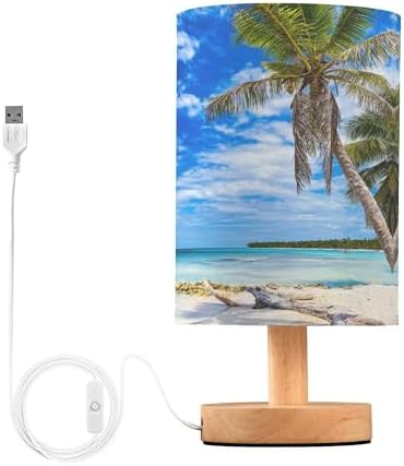 Table Lamp Tropical Beach White Sand Coconut Palm Tree Clear Blue Sky Ocean Nightstand Lamp with Wood Base Fabric Lamp Shade Bedside Desk Lamp for Living Room Bedroom Kids Room Office