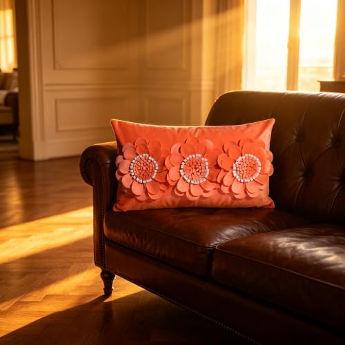JWH 3D Flower Throw Pillow Cover Sunflower Velvet Orange 12x20 Inches