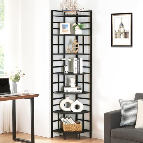 HOMISSUE Corner Shelf, 7 Tier Tall Narrow Bookshelf 82.6", Industrial Corner Bookcase with Storage for Home Office Living Room and Bedroom, Black