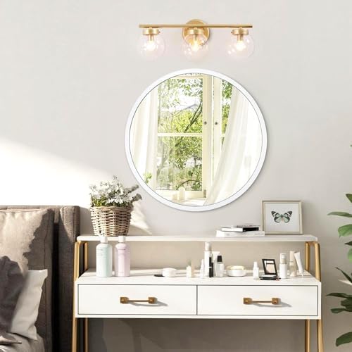 JJUUYOU Round Wall Mirror 16 Inch Circle Wall Mirror for Bathroom, White Circular Mirror Washroom Wall Mounted Metal Frame Mirror for Living Room, Bedroom, Dorm