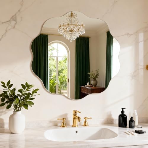 16 inch Decorative Scalloped Circle Mirror for Wall Decor | High Clear Glass Round Wavy Mirror with Double-Sided Taps, Frameless Squiggle Mirror for Bathroom, Bedroom, Living Room