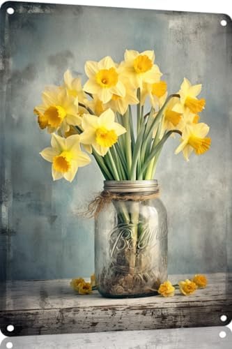 Jar with Daffodil Floral Bouquet Farmhouse Metal Tin Sign Spring Flowers Wall Decor Funny Decoration for Home Kitchen Bar Garage Vintage Retro Poster Plaque Tin Signs 12X16 Inches(443B)