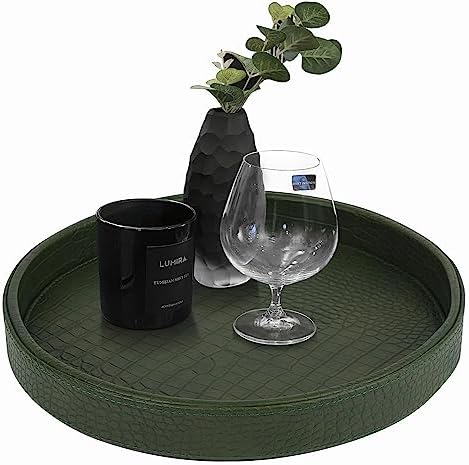 HofferRuffer Faux Leather Round Serving Tray, Vegan Croco Leather Decorative Tray, Food Tray for Storage Drinks, Snack & Cosmetics, Dia.12'' x 1.6'' (Green)