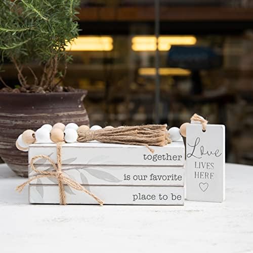 GENMOUS 4pcs White Decorative Books Set for Home Decor, Stacked Wood Books with Wood Beads for Living Room, White Faux Books for Display, Shelf Decor, Mantel Decor, Farmhouse Décor (Together)