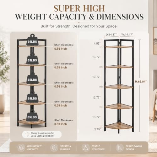FATORRI Tall Corner Shelf, Industrial Corner Bookshelf, Wood and Metal Corner Shelf Stand for Living Room, Rustic Display Plant Stand for Home Office (Rustic Oak)