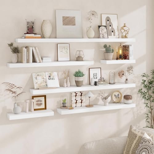Fun Memories Floating Shelves for Wall, 24Inch Floating Shelves Set of 2, Hanging Shelf with Invisible Brackets, Wood Shelves for Living Room, Bedroom, Kitchen, White