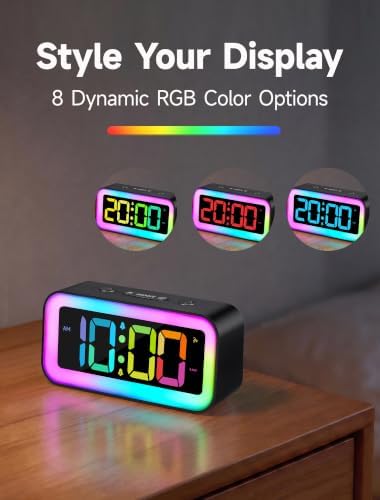 Cadmos Loud Alarm Clock for Bedrooms with Dynamic RGB Night Light,Heavy Sleepers Adults,Dual Alarm,Dimmer,USB Charger,Small Bedside Digital Clock with LED Display for Kids,Teens,Seniors (Black)